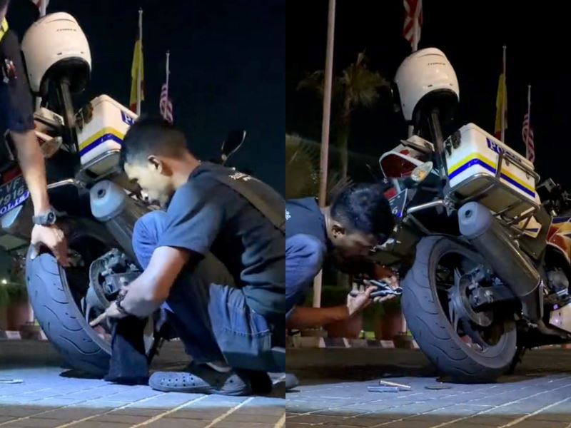 delivery rider lends a hand to abang polis with flat tyre, and we love to see it!
