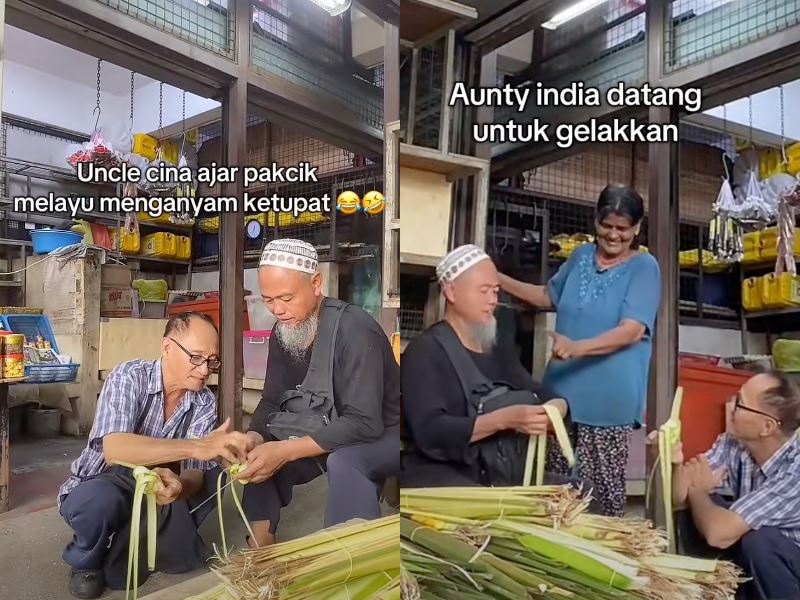 chinese uncle teaches malay friend to weave ketupat, melting malaysians’ hearts