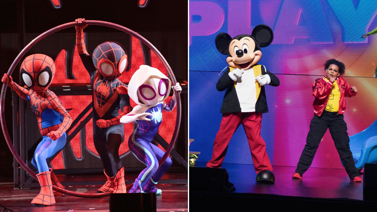 A collage of Team Spidey and Mickey Mouse dancing with a boy