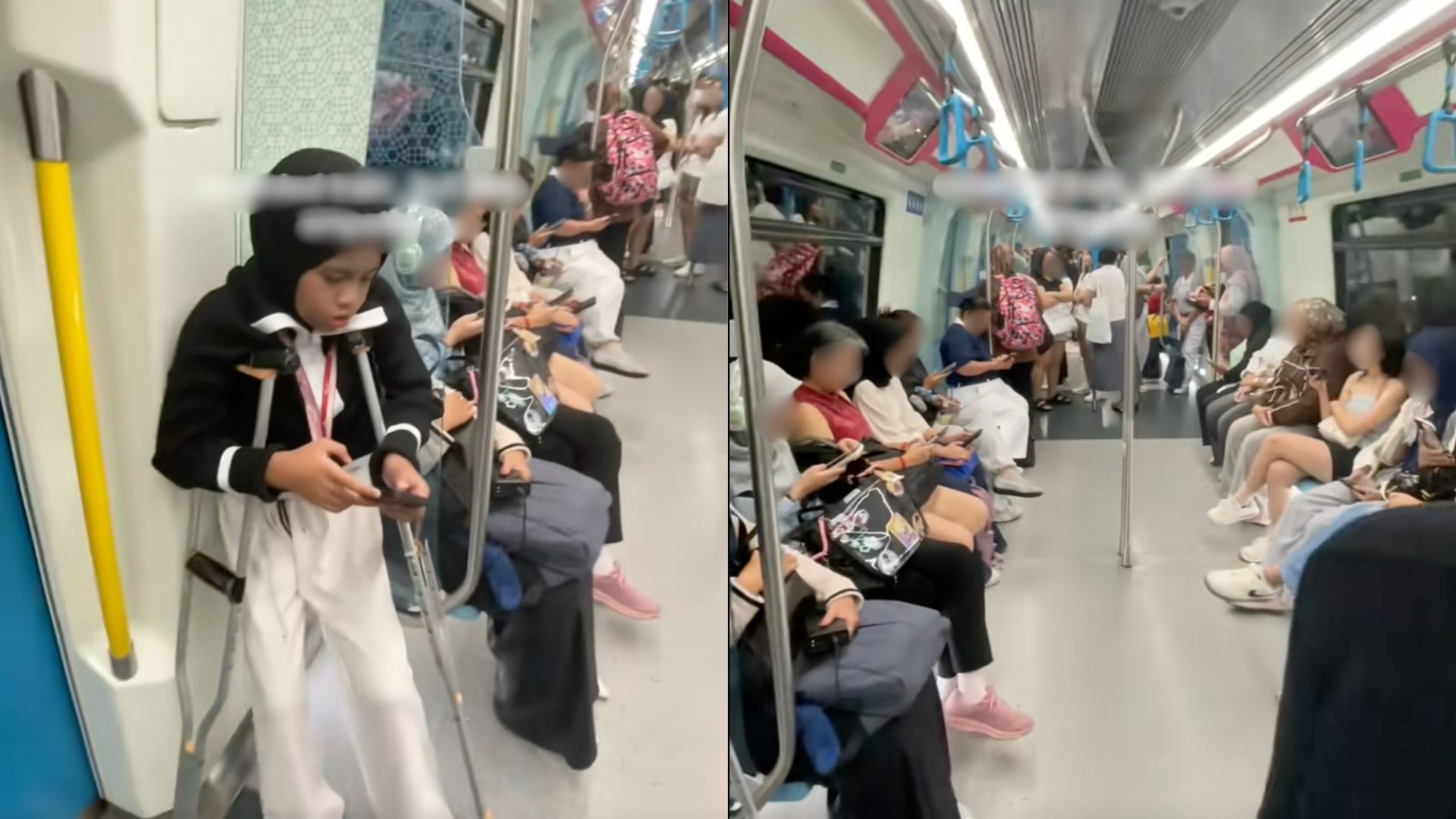 penumpang perempuan bertongkat terpaksa berdiri dalam mrt, netizen kecam sikap ‘buat tak nampak’