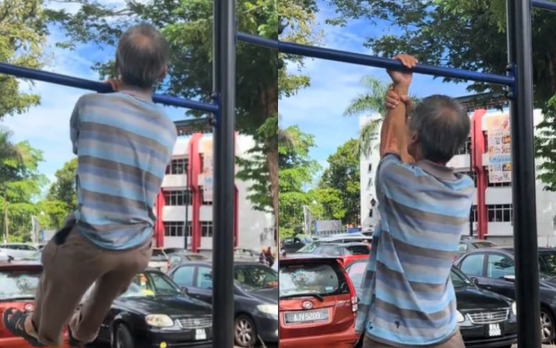 elderly malaysian man stuns with effortless one-handed pull-ups at park