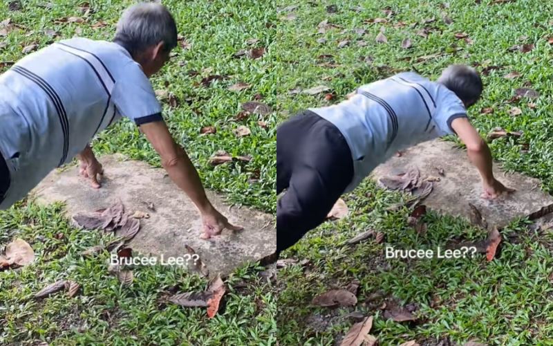 elderly malaysian man stuns with effortless one-handed pull-ups at park