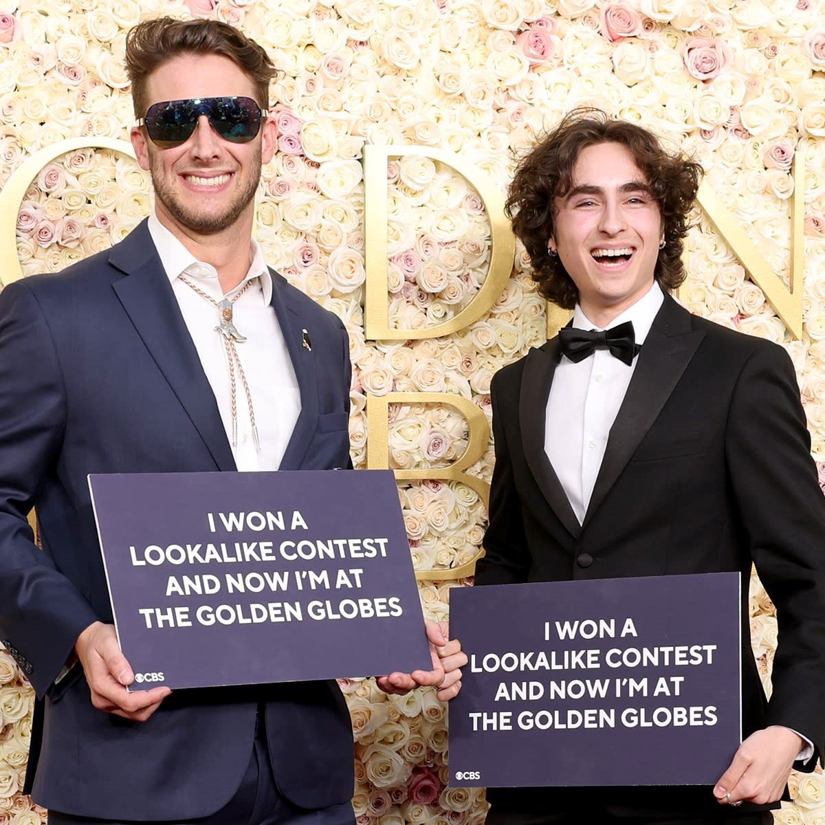 timothée chalamet and glen powell lookalike hit the golden globes red carpet