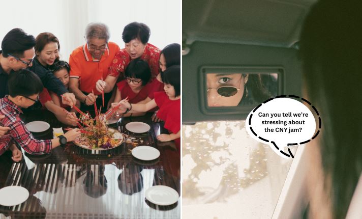 A collage of a family during CNY and a girl looking into her car mirror