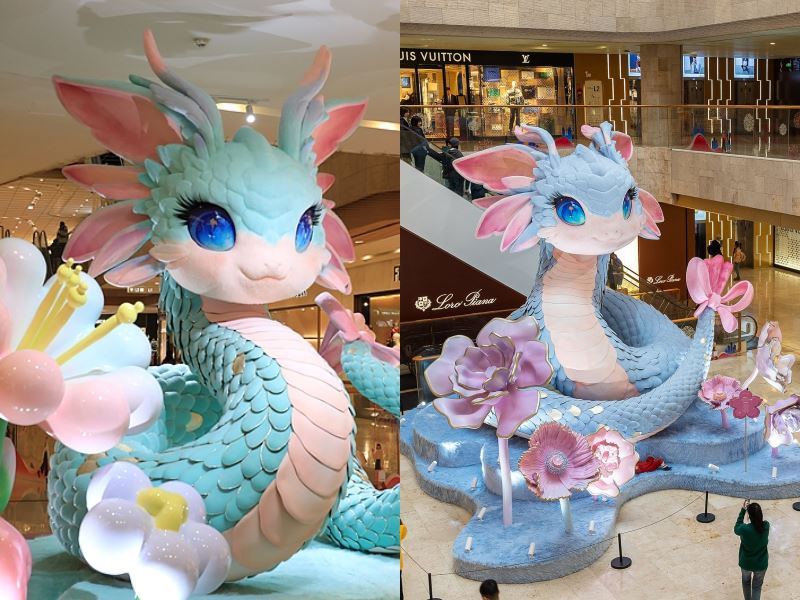 cny decorations in china malls go viral with pokémon-like snake sculptures