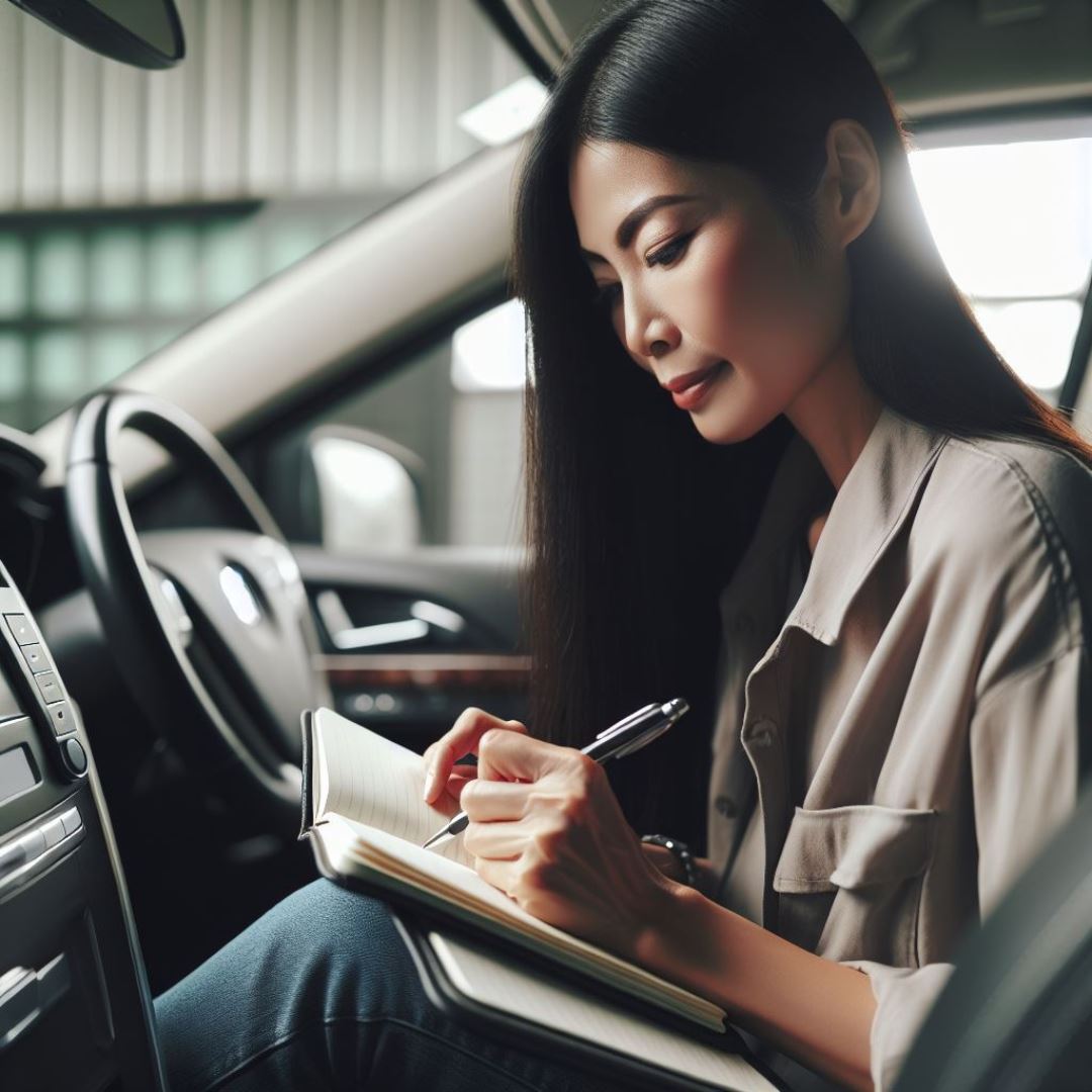 AI-generated image of an Asian woman writing noted in a book while in her car