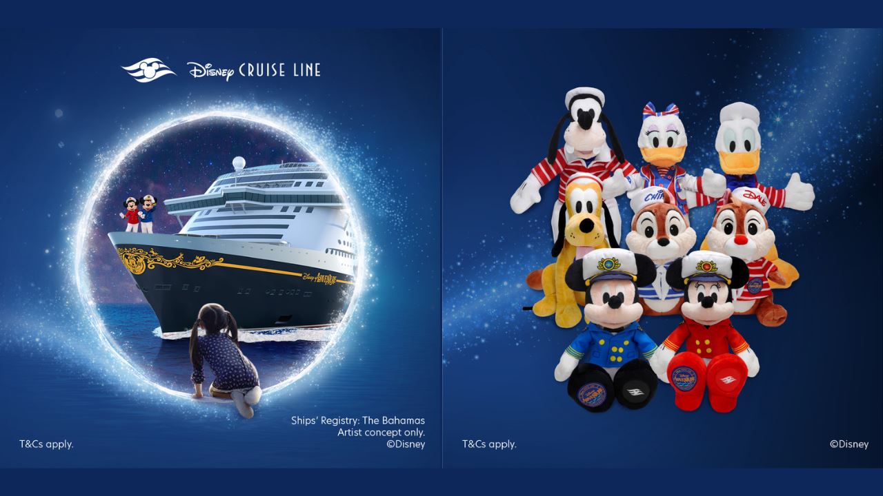 Promotional images of Disney Adventure cruise and limited edition Disney plushies