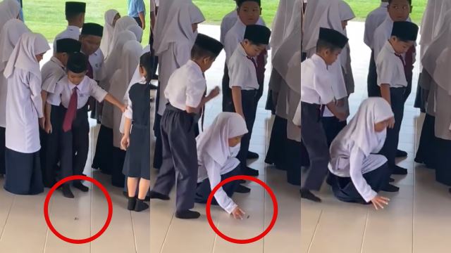 malaysian girl keeps her cool as male classmate panics over bug during assembly