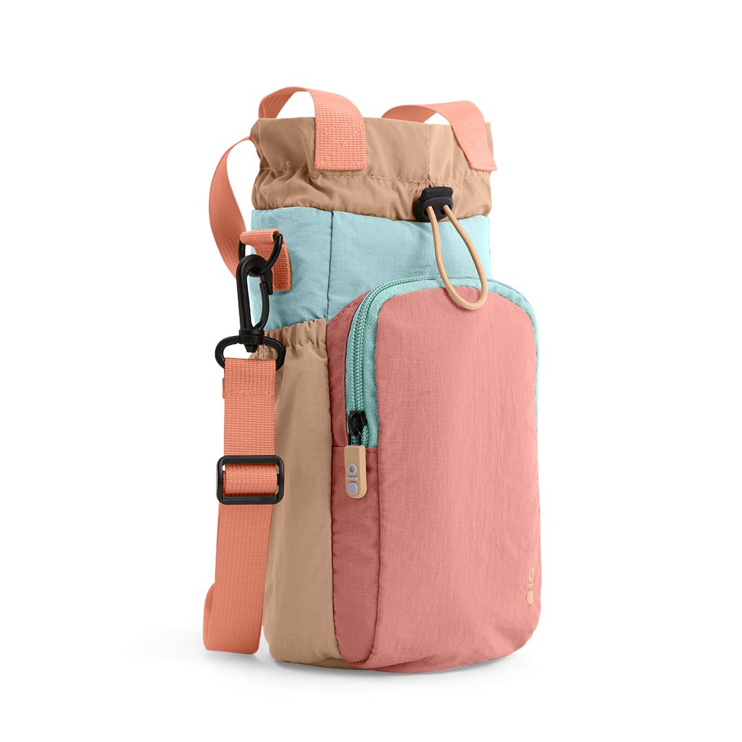 A pink, beige and blue Montigo tumbler bag