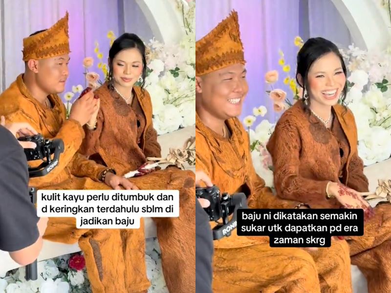 how unique!” couple wows guests wearing stunning wedding outfits made from tree bark!