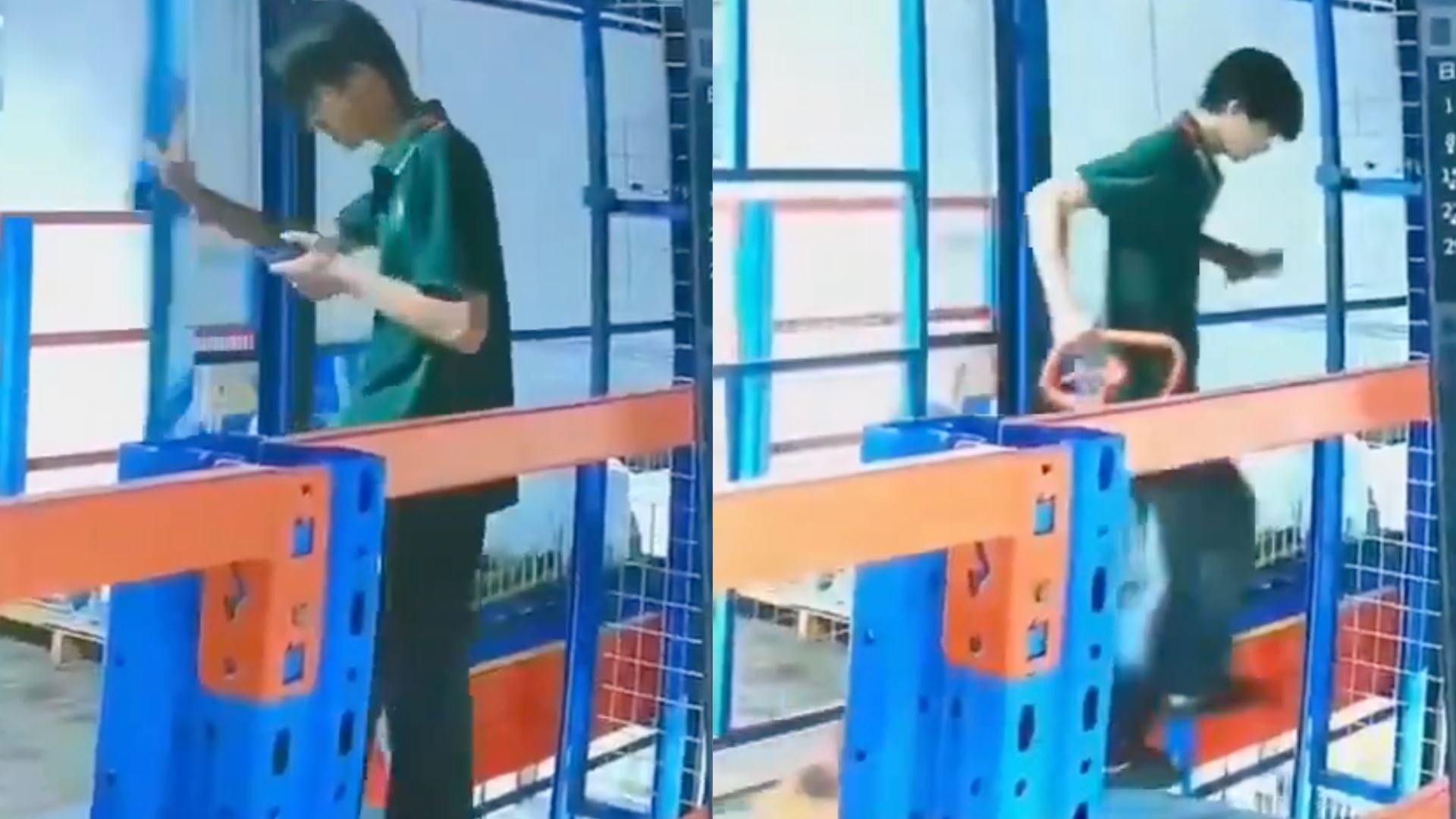 [video] lelaki guna telefon ketika bertugas, pekerja gudang maut terjatuh dalam lif dan ditempa forklift