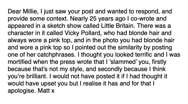 matt lucas apologizes after millie bobby brown calls out appearance-based comment