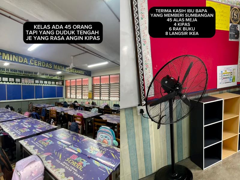 teacher and parents band together to provide extra fans, donated bookshelves, and curtains for students' comfort