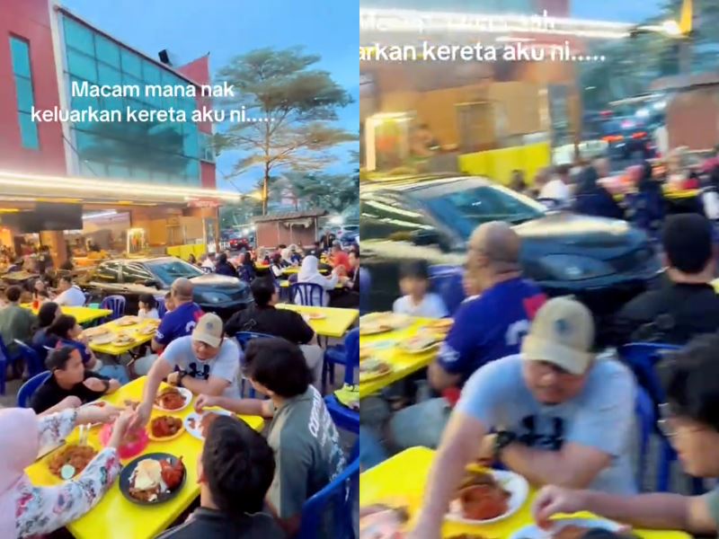 unexpected dining spot! m’sian finds her parked car surrounded by restaurant tables