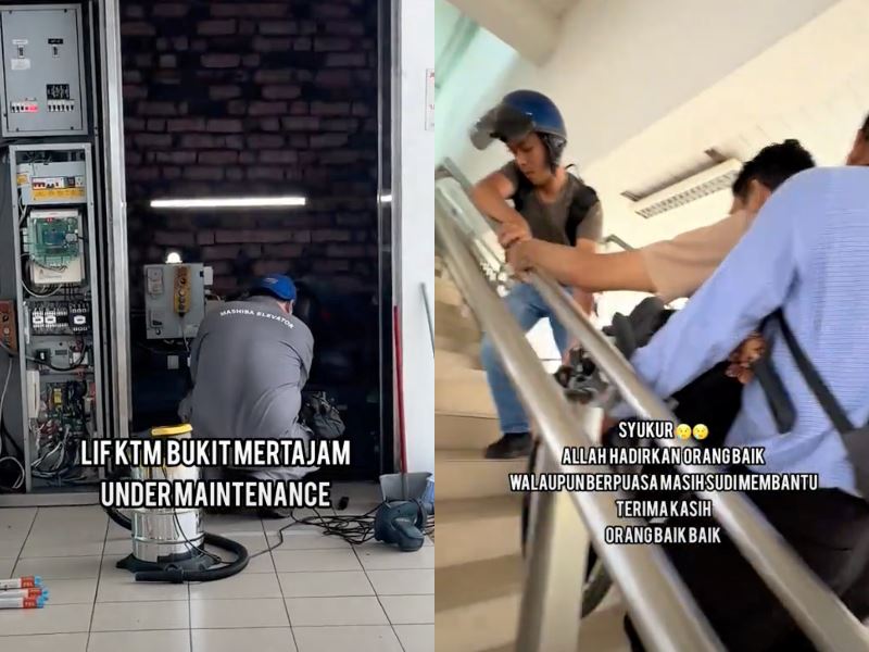 m’sians carry wheelchair user up ktm station stairs after lift breakdown, earning praise online