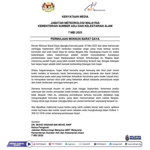 jerebu dan monsun barat daya bermula mei ini, elakkan pembakaran terbuka 