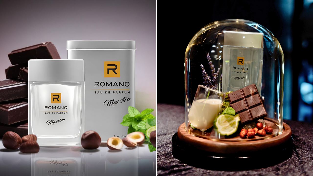 A collage of Romano Maestro surrounded by chocolate, hazelnut and peppermint