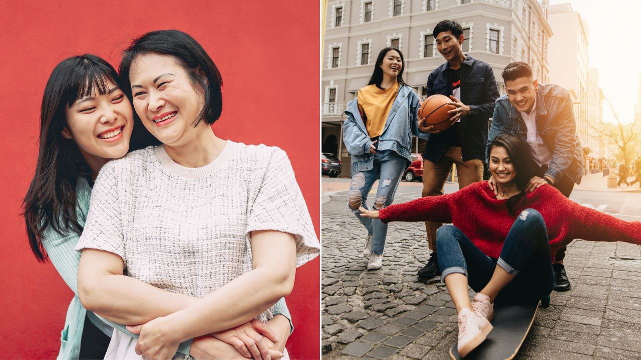 Collage of 2 photos: mother and daughter smiling while hugging each other, and group of friends having fun along a street
