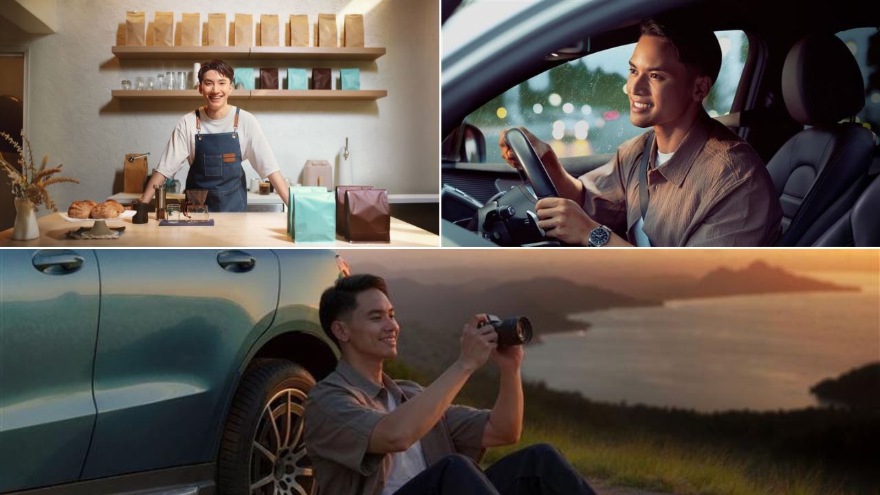 A collage of three photos showing a cafe owner, a young man driving a car, and a young man taking photos with his camera.
