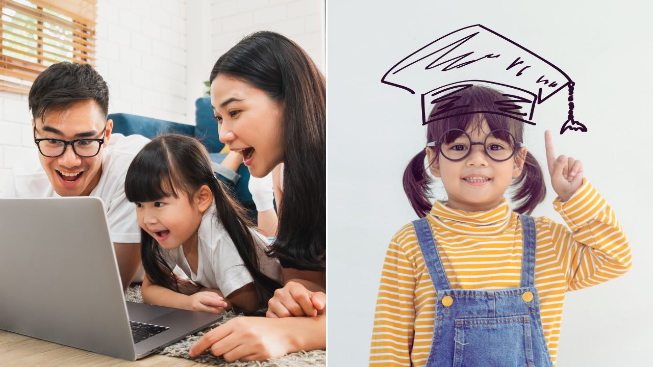 Collage of a family of three using a laptop and a girl smiling, with a mortarboard
