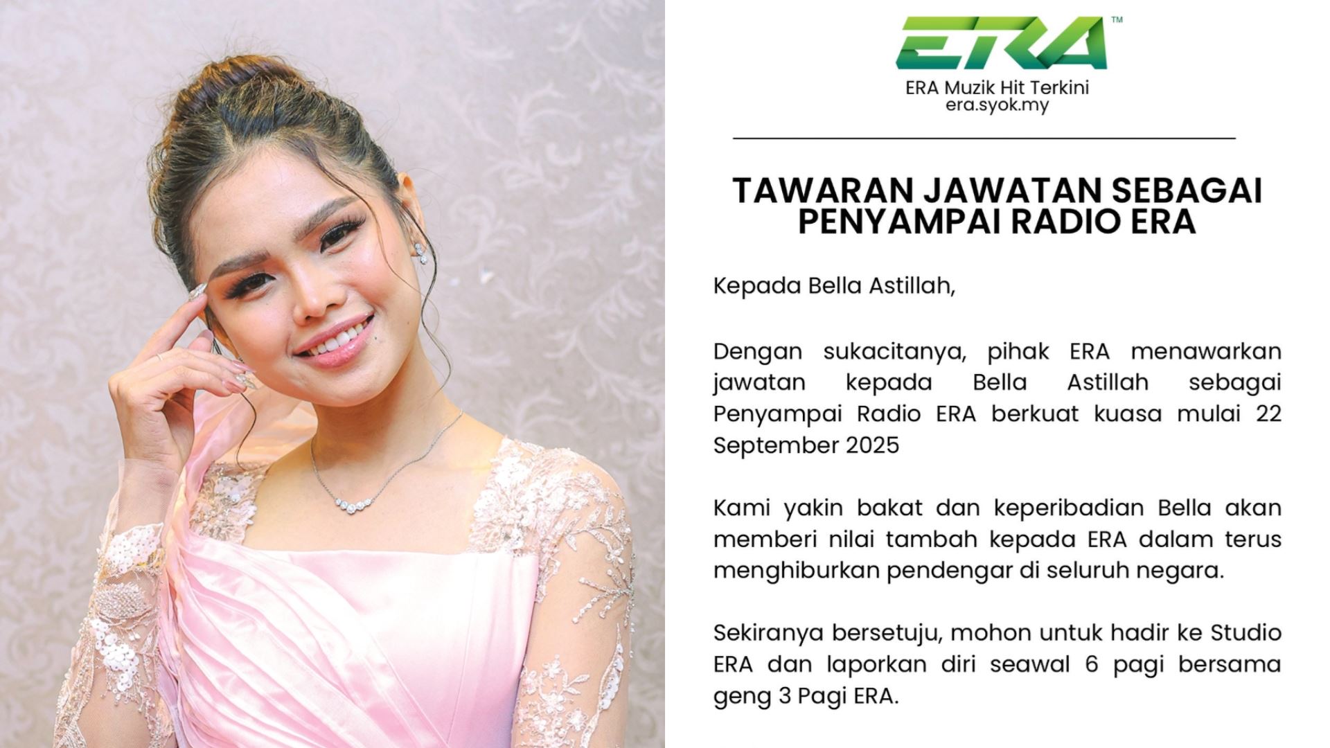 bella astillah sah sertai era sebagai penyampai radio bermula hari ini