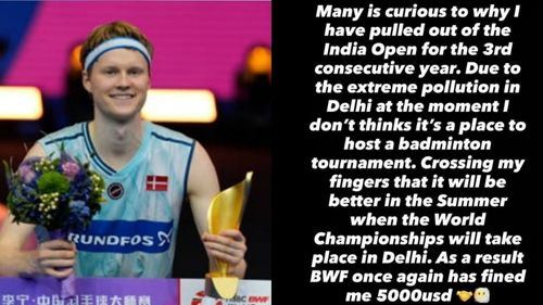 anders antonsen tarik diri lagi dari india open, isu pencemaran udara jadi punca utama