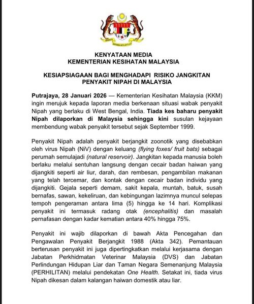 kkm keluarkan amaran: malaysia tingkat kesiapsiagaan hadapi ancaman virus nipah