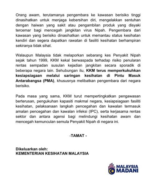 kkm keluarkan amaran: malaysia tingkat kesiapsiagaan hadapi ancaman virus nipah