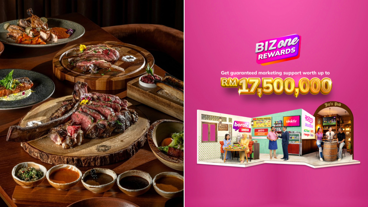 A table of food and a promotional poster 