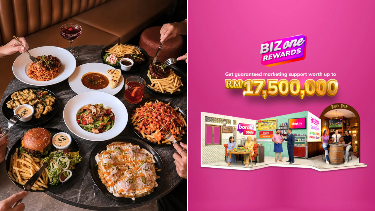 A table full of food and a promotional poster