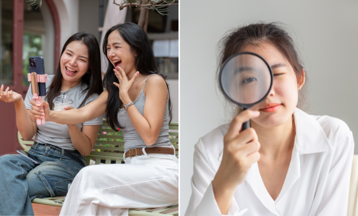 Two girls taking a selfie and a girl using a magnifying glass