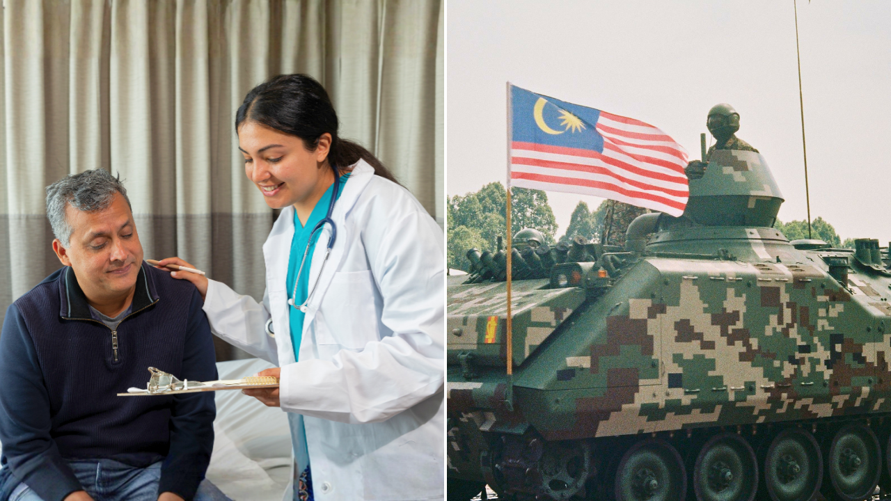 A collage of a female doctor with a male patient and Malaysian Army personnel on a tank with the Malaysian flag