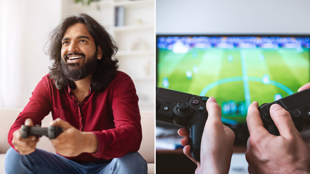 A collage of a man playing video game and two people playing football game
