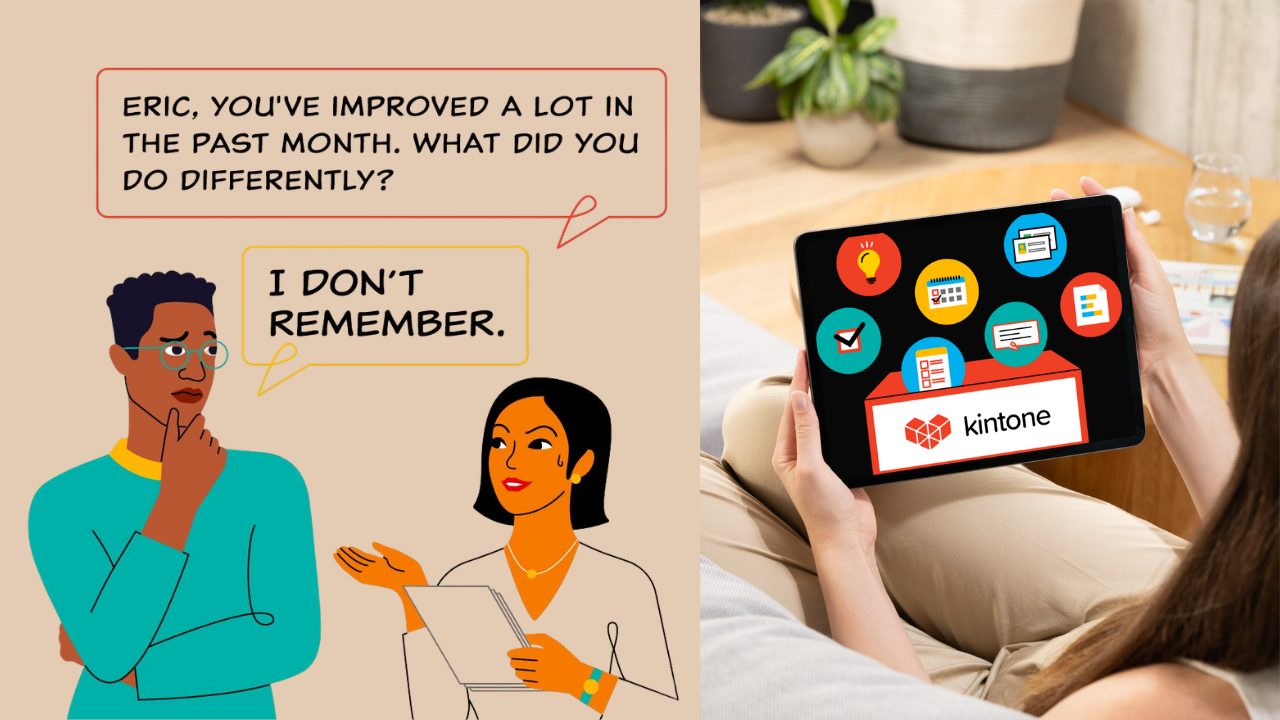 A comic and a girl on a tab looking at a CRM software