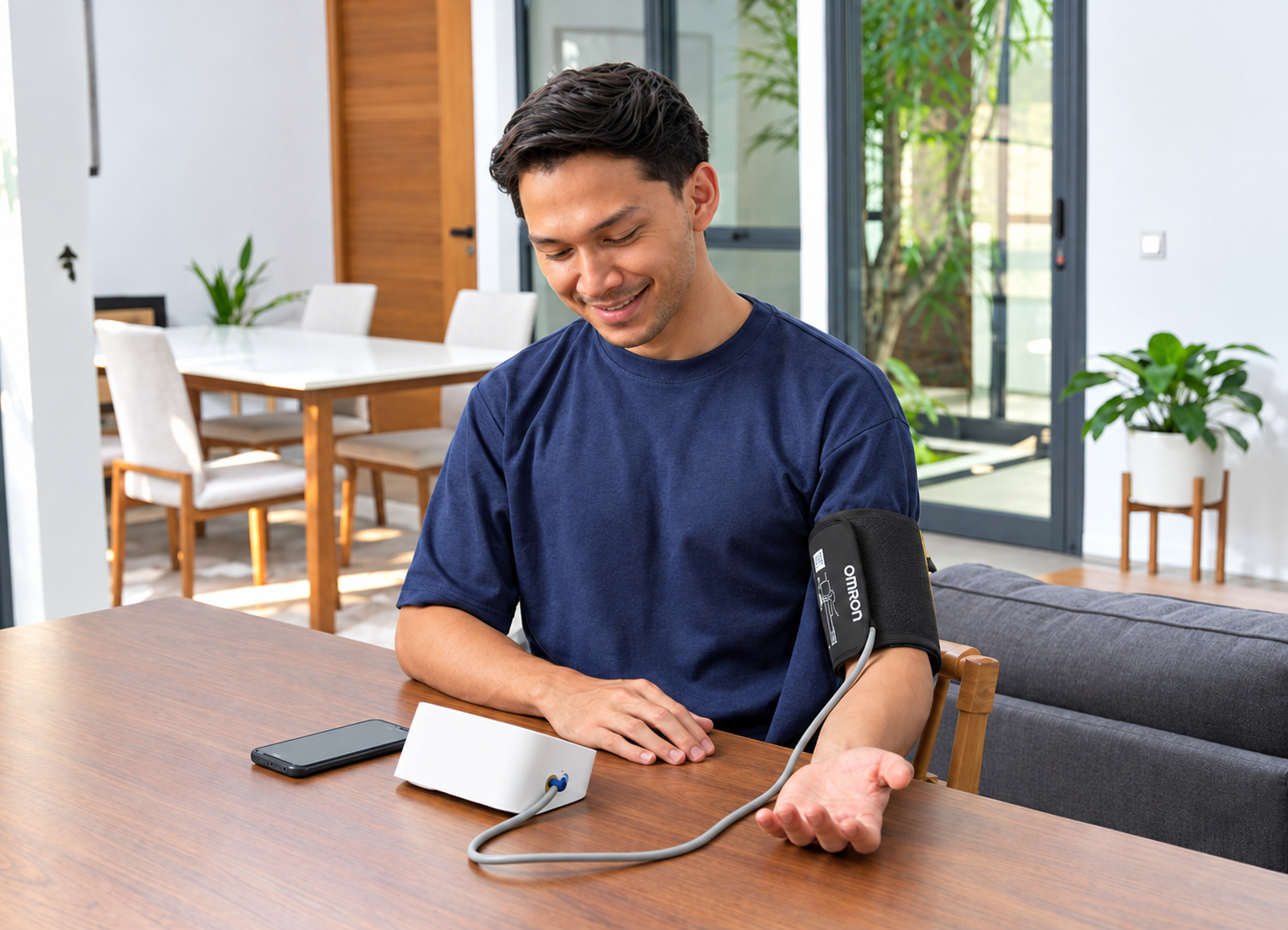 A guy checking his blood pressure on his own