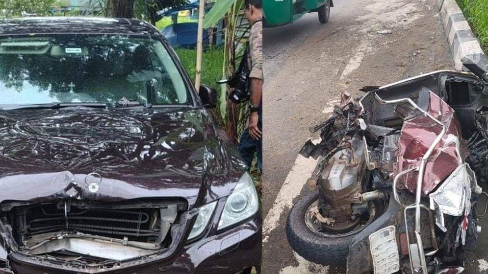 விபத்துக்குள்ளான காரும், ஸ்கூட்டியும்
